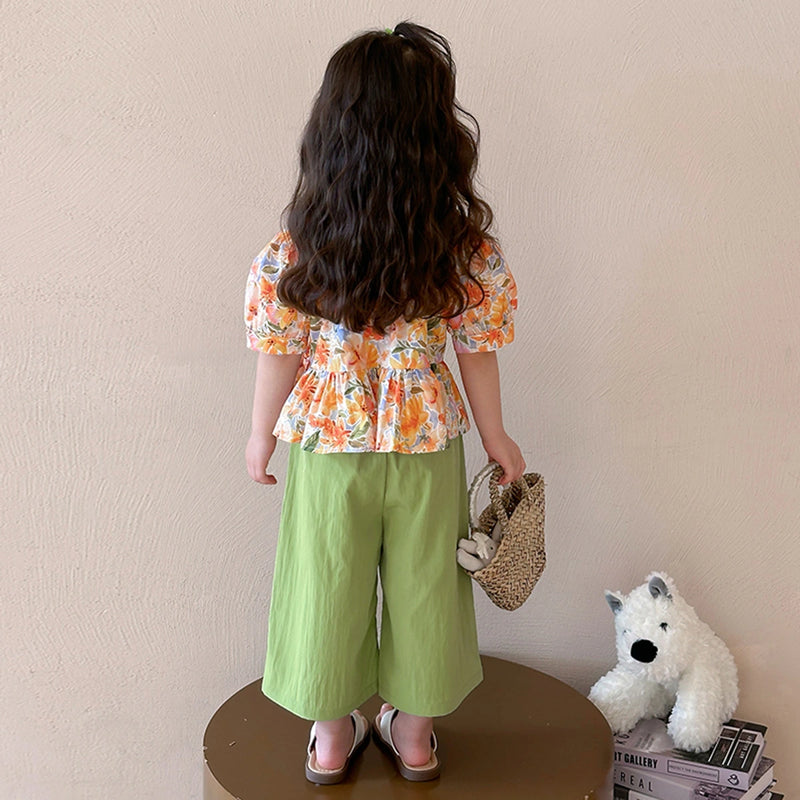 Girls Orange Floral Print Short Sleeves Peplum Top With Wide-Leg Pants Sets Sets
