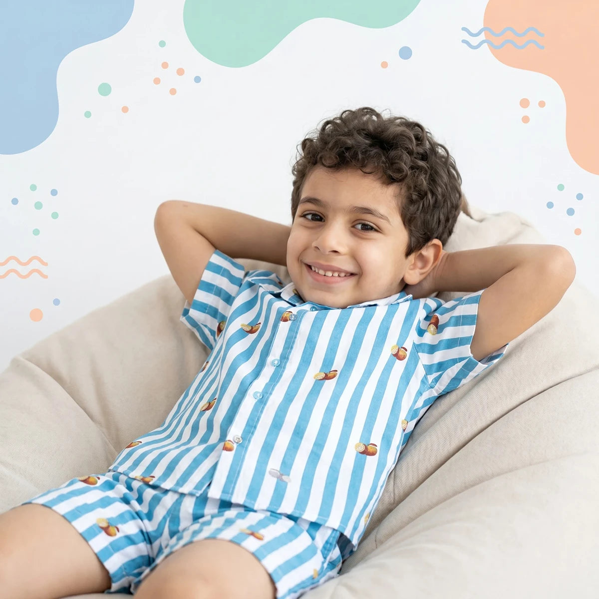 Boys Turquoise Striped Short Sleeves Shirt With Elasticated Shorts Sets Sets