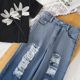 Girls Black Floral Applique Short Sleeve T-Shirt With Denim Jeans Sets 2 pc. Sets