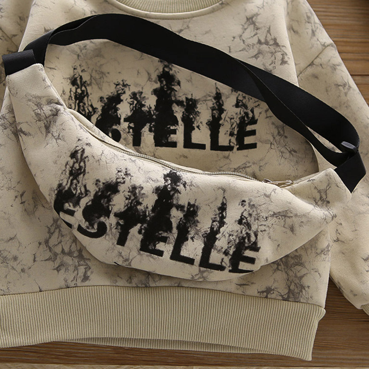 Boys Off White Abstract Printed Sweatshirt With Sling Bag and Pants Set Sets