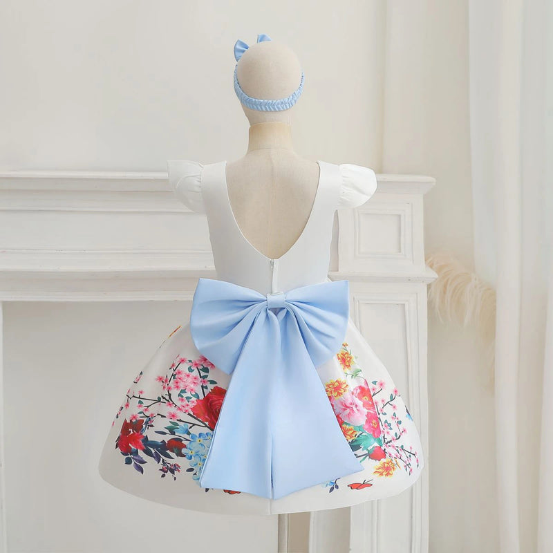 Girls White Floral Print Flutter Sleeve Fit & Flare Party Wear Dress Party Dresses