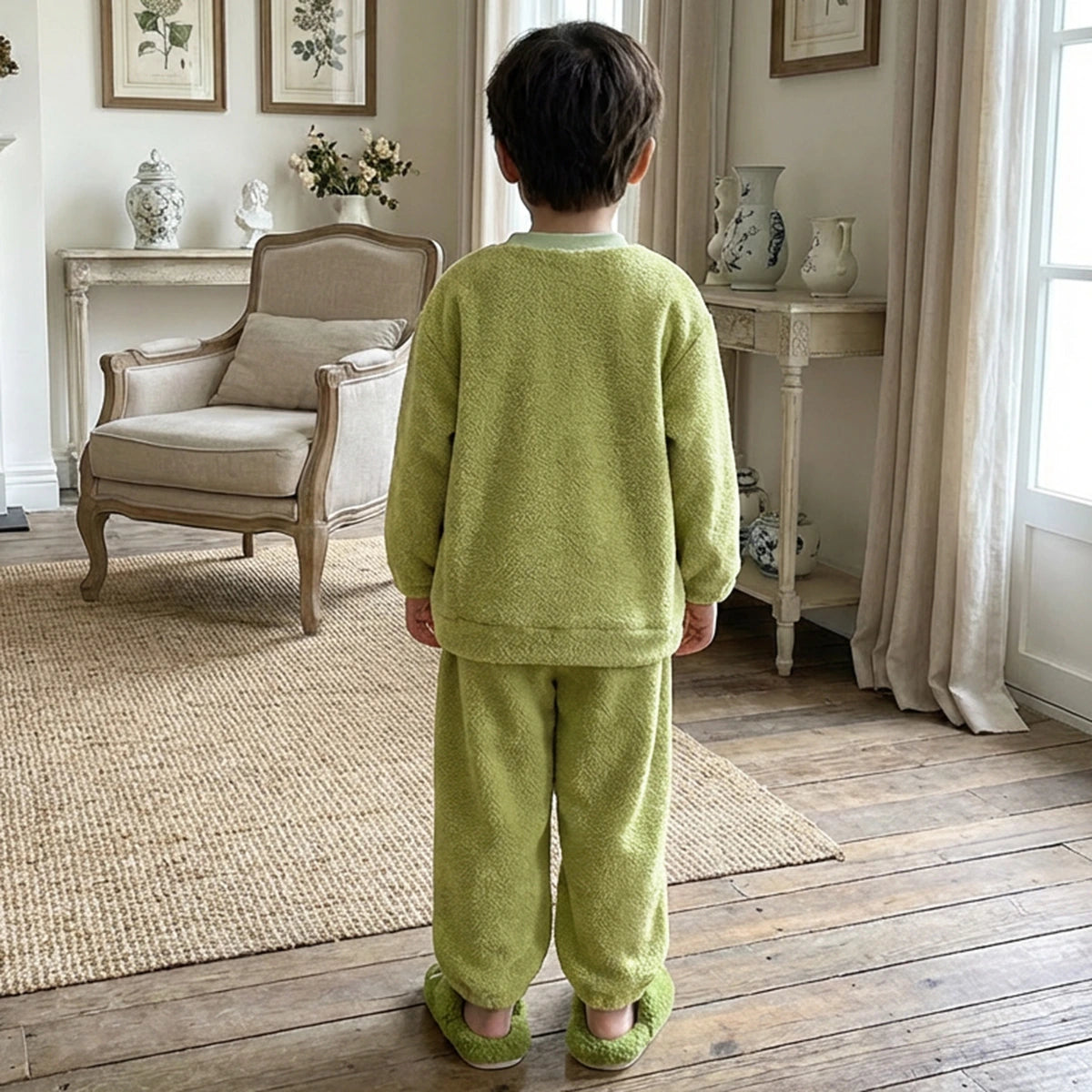 Girls Green Fleece Dinosaur Applique Top With Pants Sets Sets