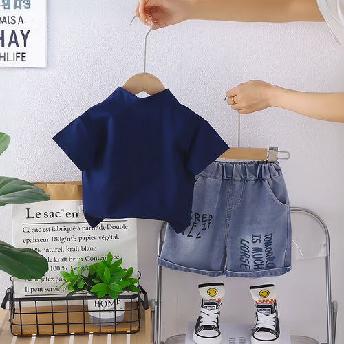Boys Navy Blue Graphics Polo T-Shirt With Printed Denim Shorts Set Sets