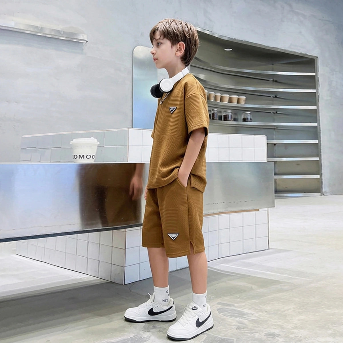 Boys Brown Textured Short Sleeve T-Shirt With Elasticated Shorts Sets Sets