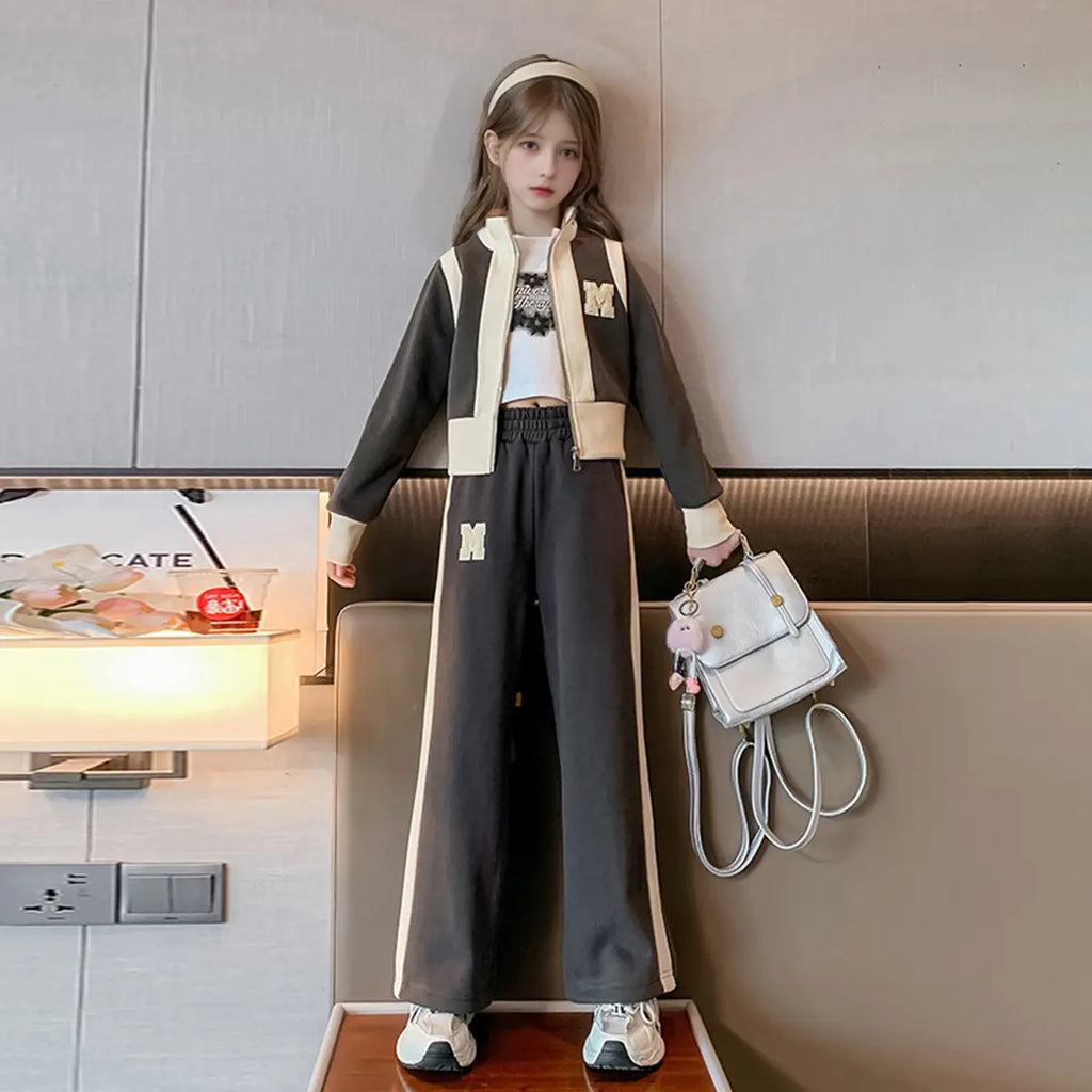 Girls Dark Grey Color-blocked Zipper Jacket With Wide Leg Pants Set Sets