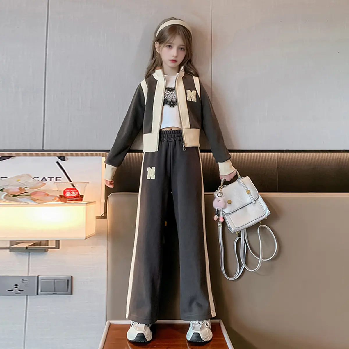 Girls Dark Grey Color-blocked Zipper Jacket With Wide Leg Pants Set Sets