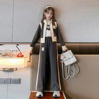 Girls Dark Grey Color-blocked Zipper Jacket With Wide Leg Pants Set Sets