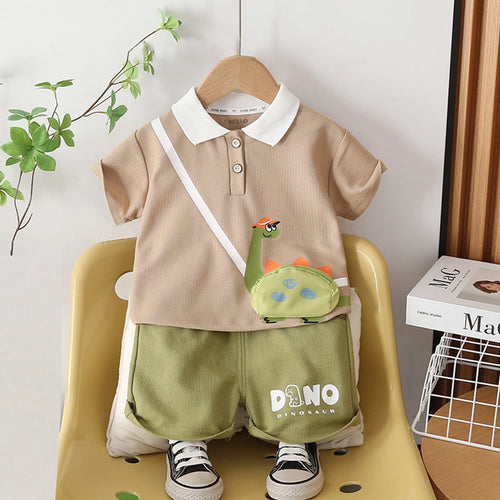 Boys Khaki Dinosaur Graphic Polo T-Shirt With Elasticated Shorts Sets Sets Khaki 1-2 Y