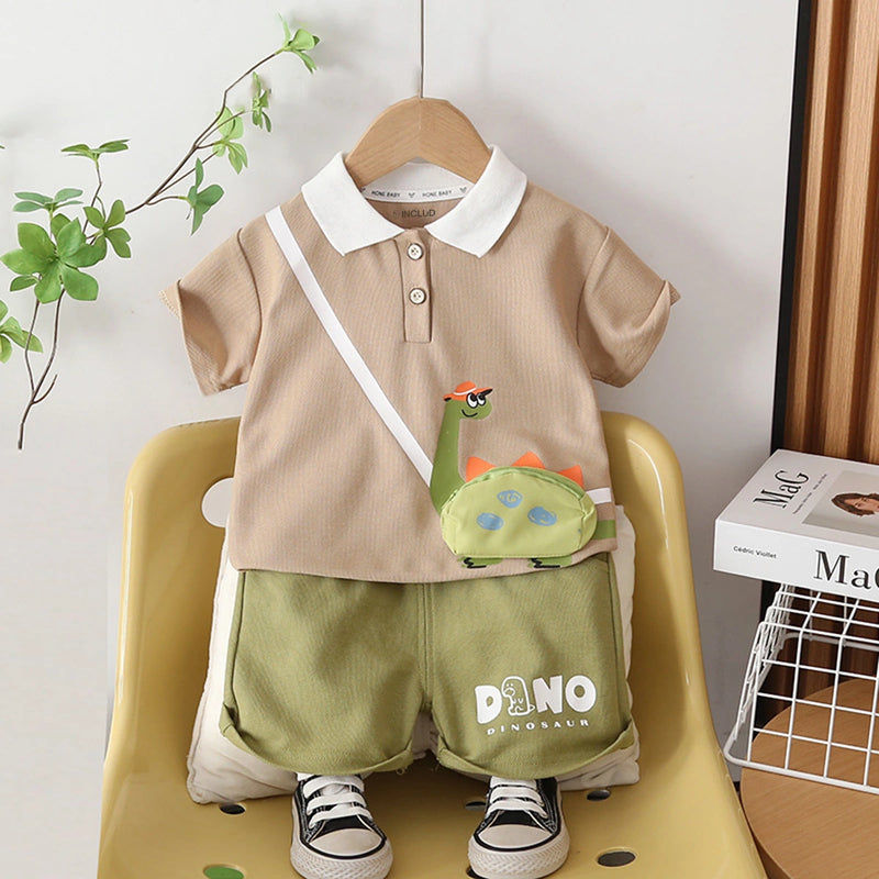 Boys Khaki Dinosaur Graphic Polo T-Shirt With Elasticated Shorts Sets Sets Khaki 1-2 Y