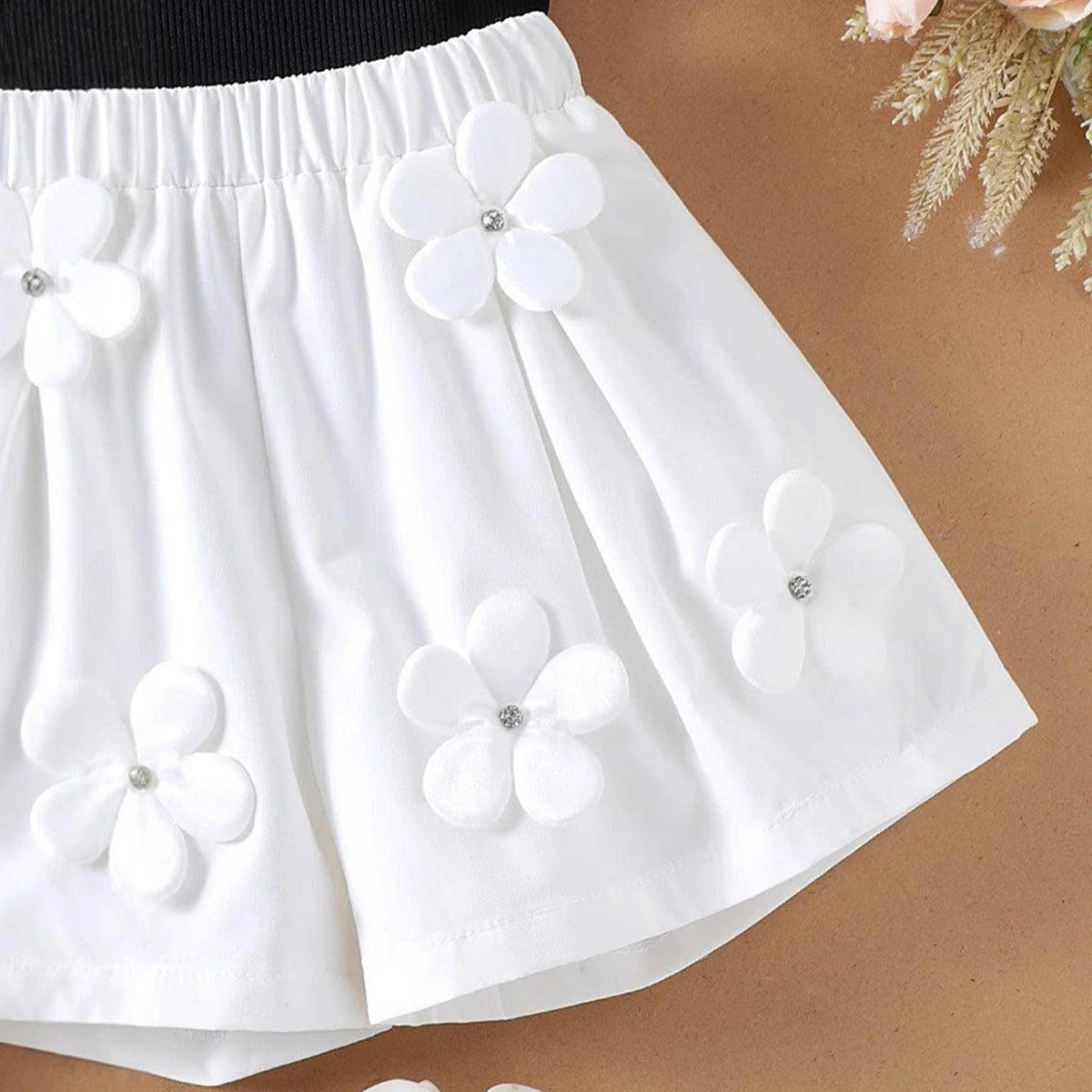 Girls Black Floral Applique One-Shoulder Top With Shorts Sets 2 pc. Sets