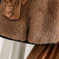 Girls Brown Skiwi with Faur Fur Jacket & PU Flared Skirt Set Sets