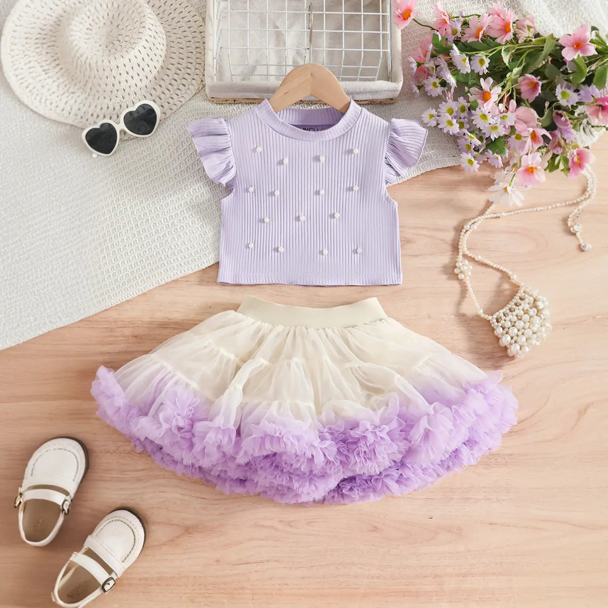 Girls Purple Pearl-Embellished Top With Tiered Tulle Tutu Skirt Sets Sets Purple 3-4 Y