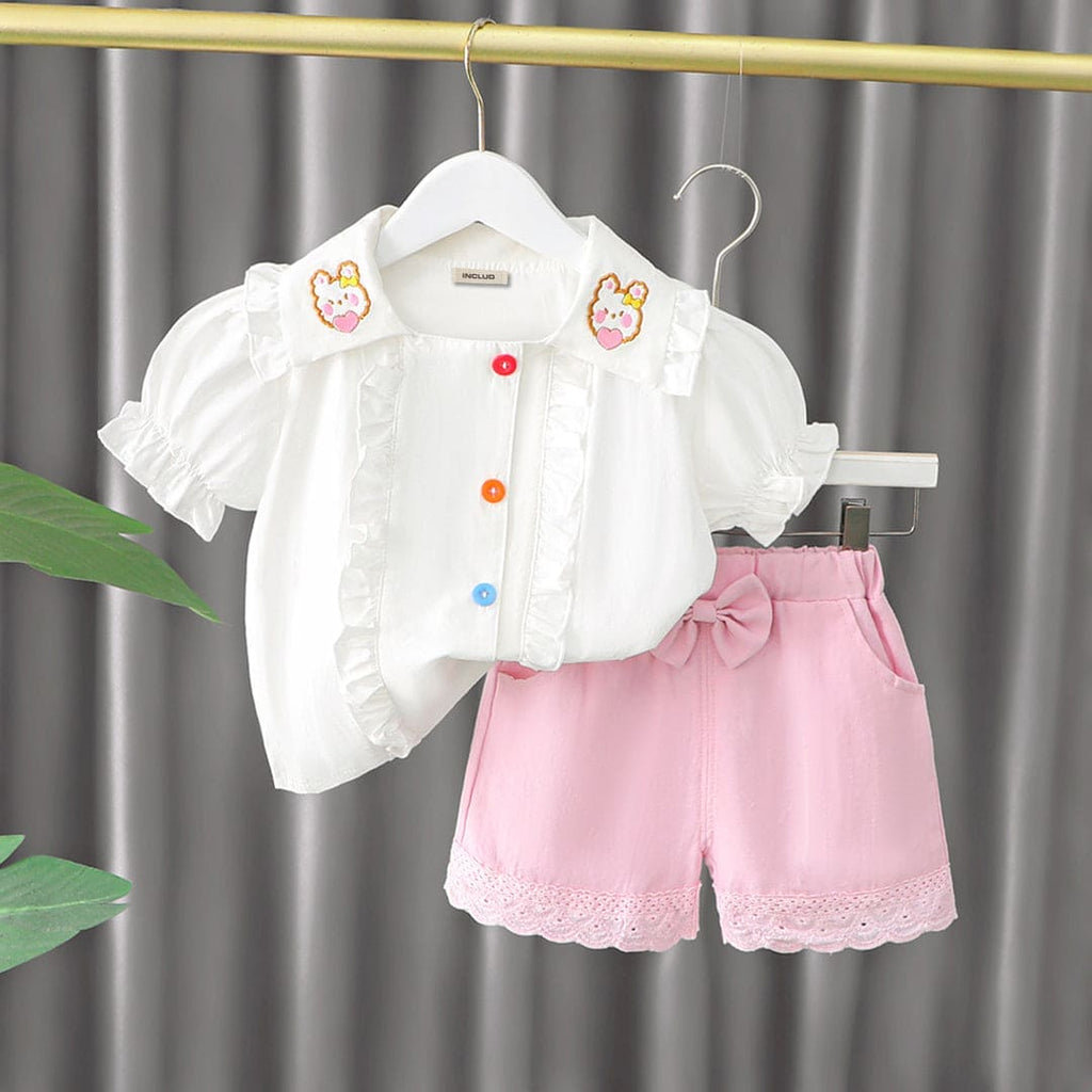 Girls White Collar Embroidery Top With Lace Bottom Shorts Sets White 1-2 Y 