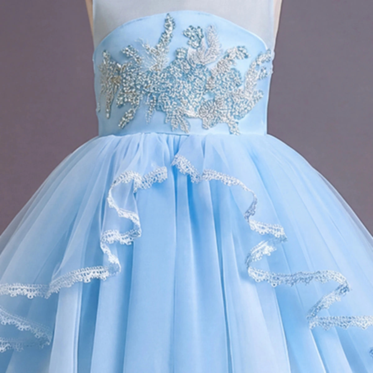 Girls Sky Blue Embellished Sleeveless Layered Party Wear Dress Party Dresses
