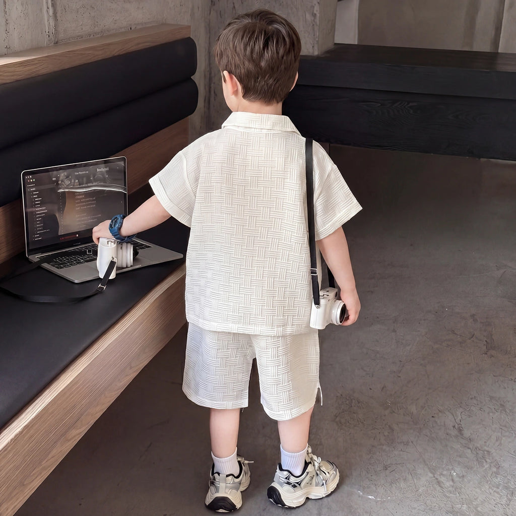 Boys Off White Textured Polo T-Shirt With Shorts Sets Sets