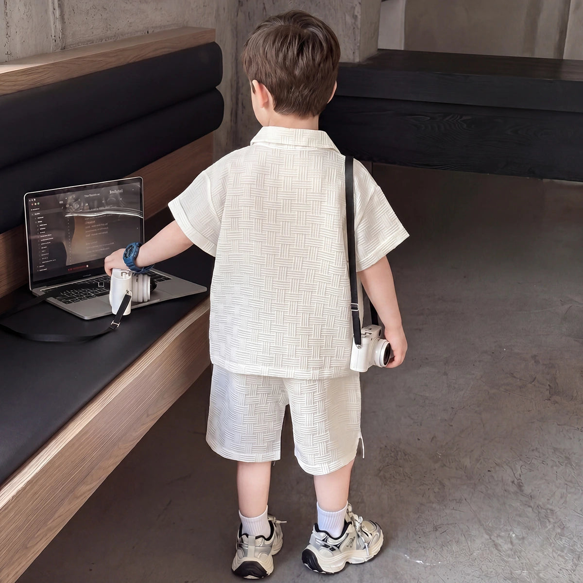 Boys Off White Textured Polo T-Shirt With Shorts Sets Sets
