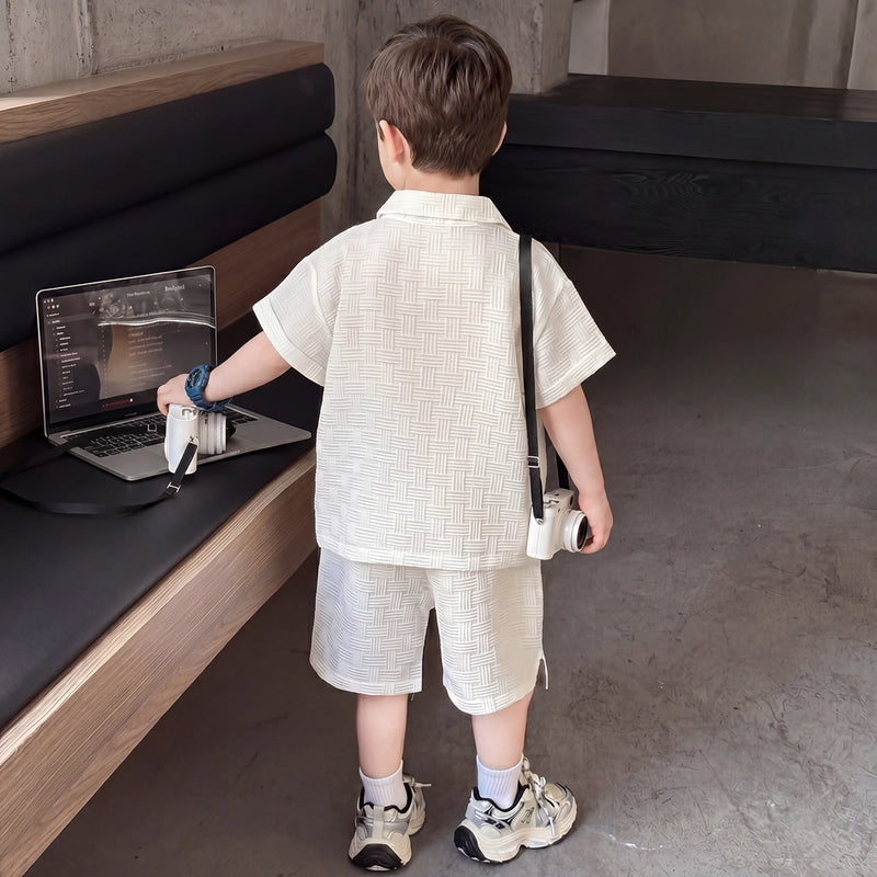 Boys Off White Textured Polo T-Shirt With Shorts Sets Sets
