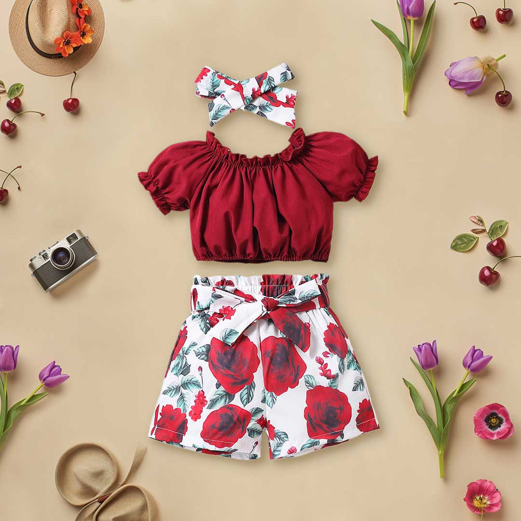 Girls Crop Length Top With Floral Print Shorts & Headband Set