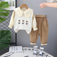 Girls White Floral Embroidered Sweater Vest With Top & Pants Set Sets White 1-2 Y