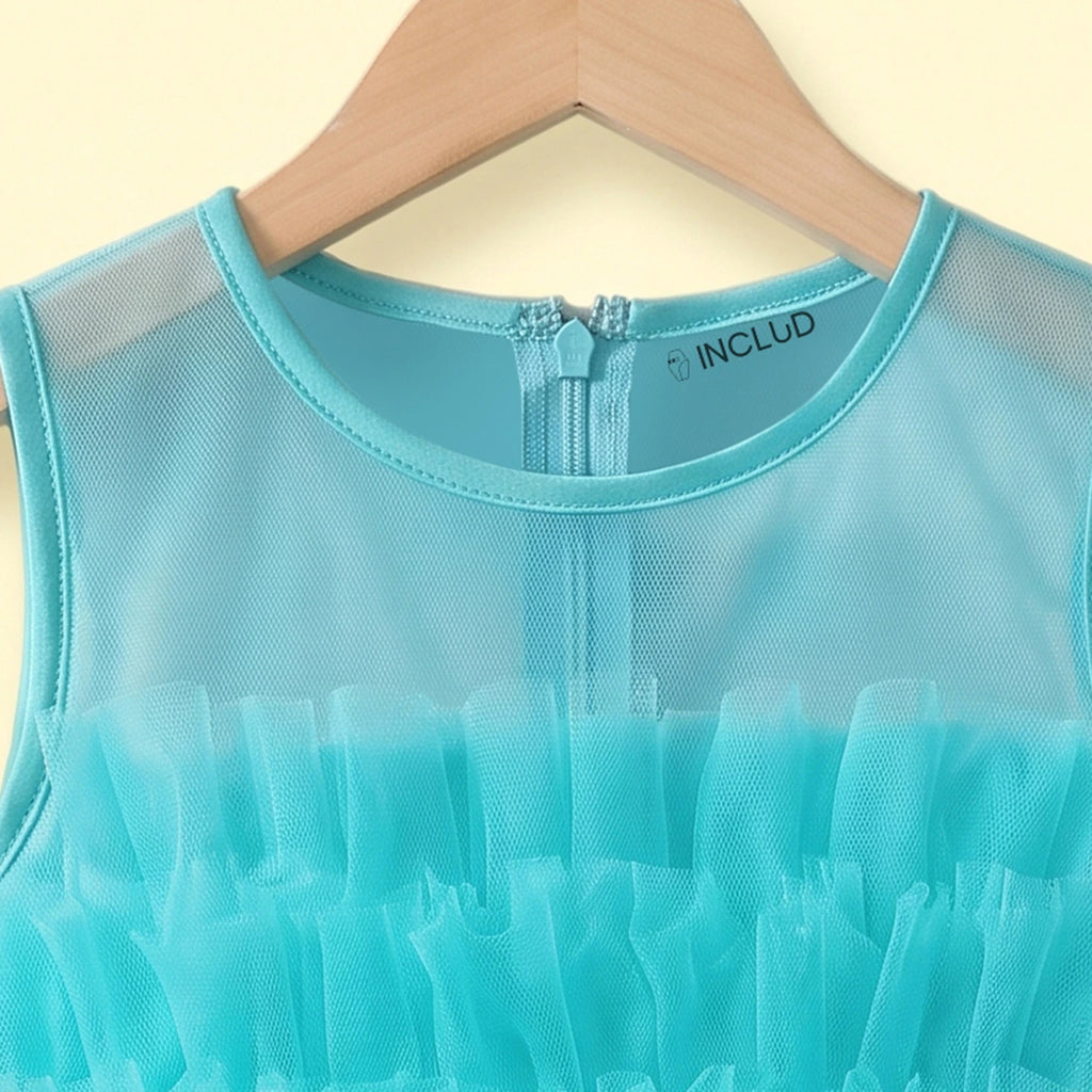 Girls Sea Green Ruffled Sleeveless Fit & Flare Party Dress Party Dresses