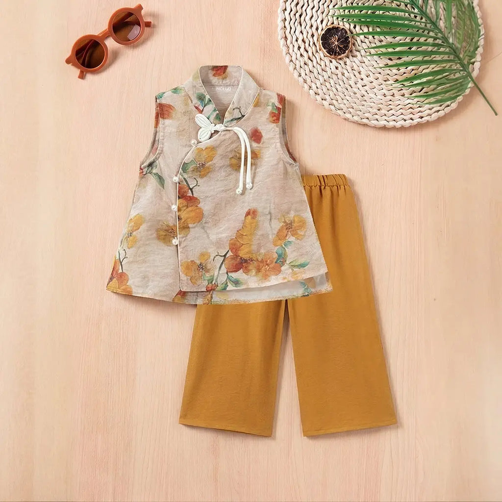 Girls Beige Floral Print Sleeveless Top With Pants Set Sets Beige 1-2 Y