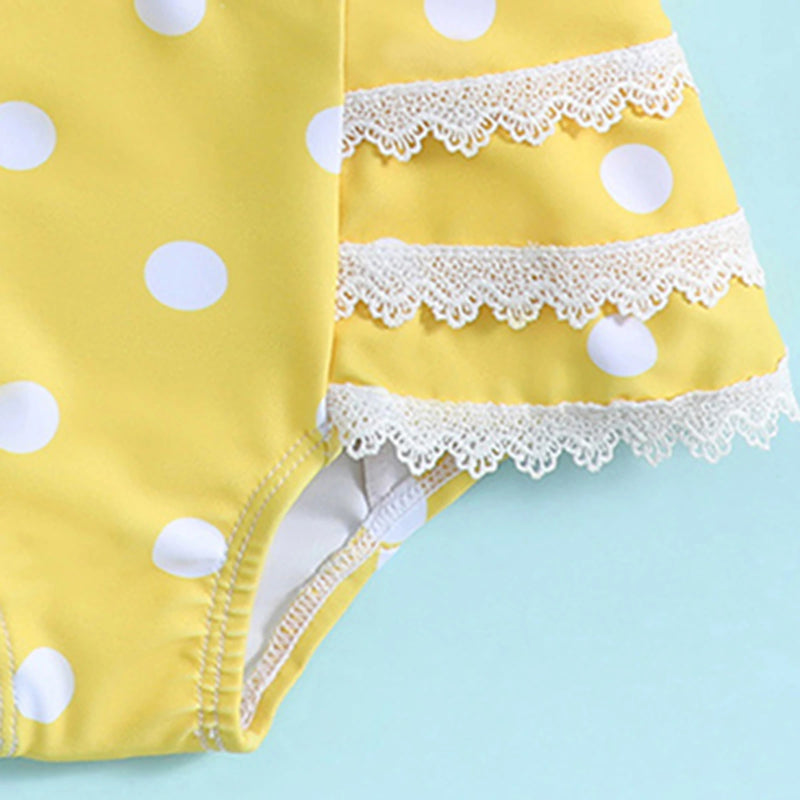 Girls Yellow Polka Dot Top & Briefs With Lace Tims Two-Piece Swimwear Sets Sets