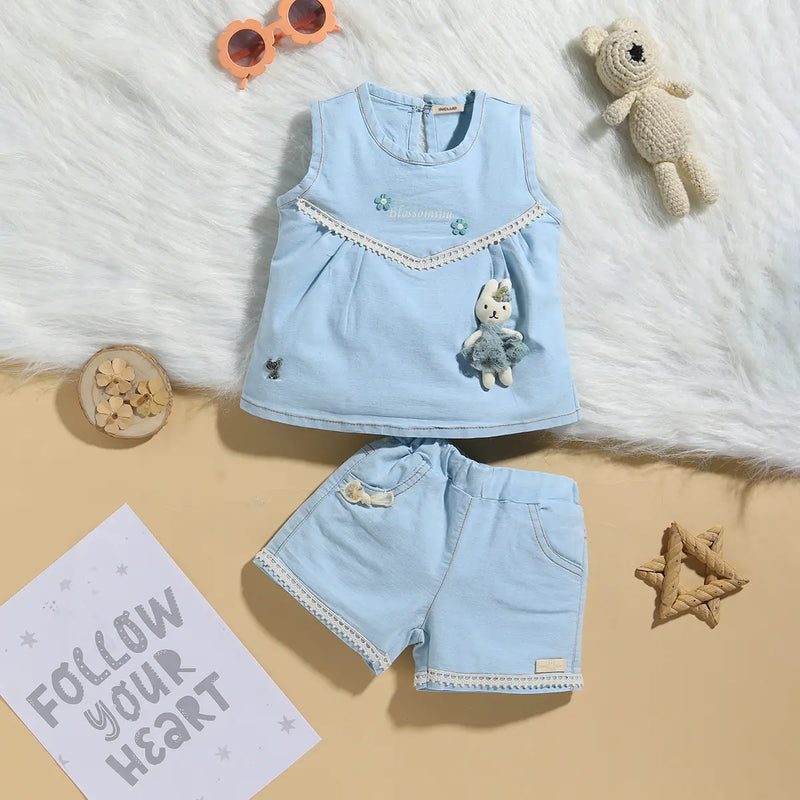 Girls Sky Blue Embroidered Top With Elasticated Shorts Sets 2 pc. Sets Sky Blue 0-3 M