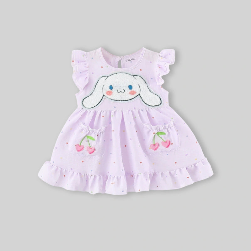 Girls Purple Bunny Applique Fit & Flare Dress With Polka Dot Print Casual Dresses