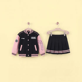 Girls Pink Alphanumeric Printed Varsity Jacket With Pleated Skirt Sets 2 pc. Sets Pink 5-6 Y