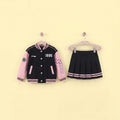 Girls Pink Alphanumeric Printed Varsity Jacket With Pleated Skirt Sets 2 pc. Sets Pink 5-6 Y