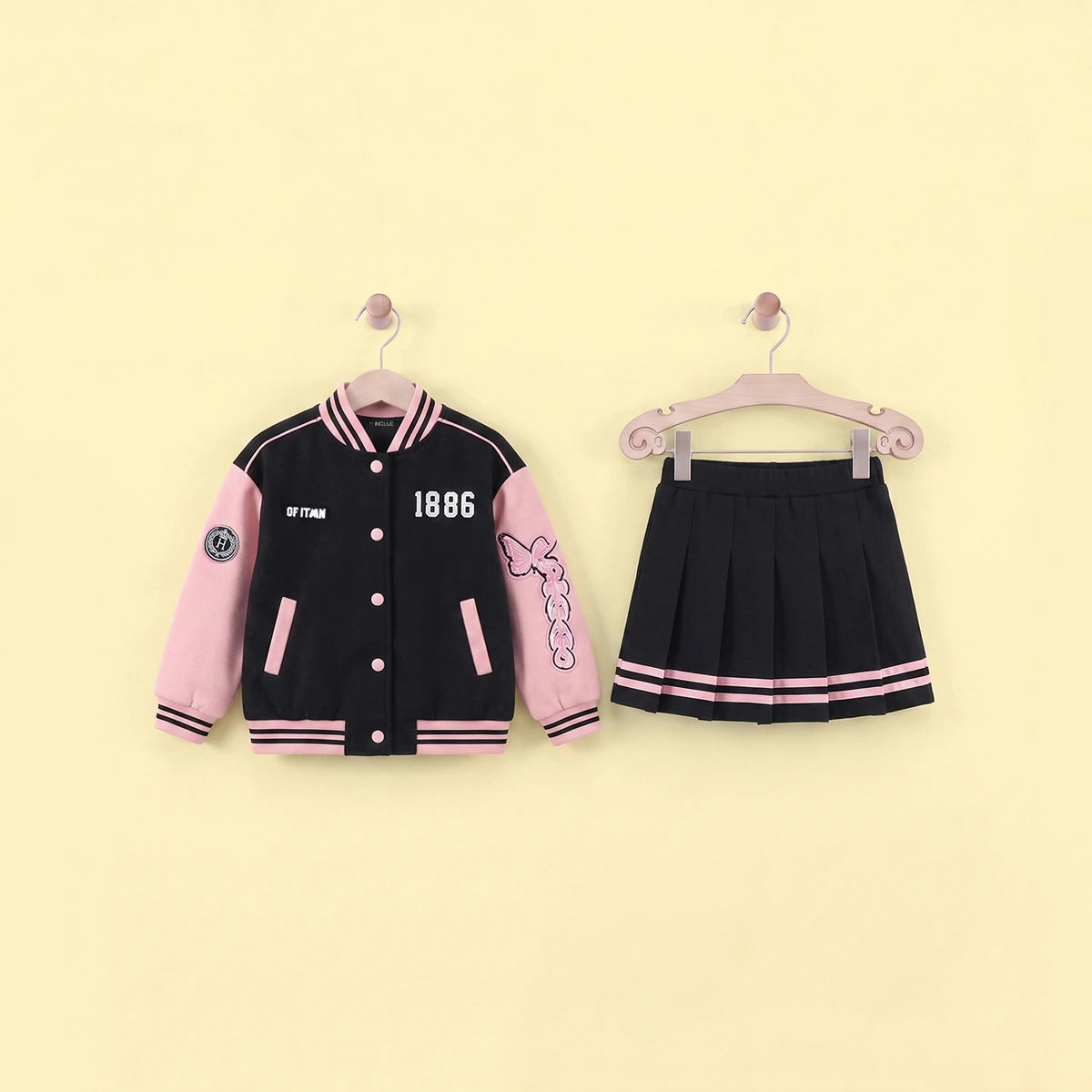 Girls Pink Alphanumeric Printed Varsity Jacket With Pleated Skirt Sets 2 pc. Sets Pink 5-6 Y