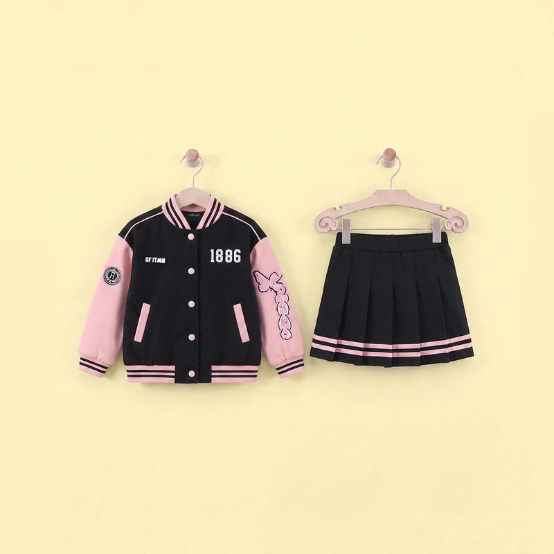Girls Pink Alphanumeric Printed Varsity Jacket With Pleated Skirt Sets 2 pc. Sets Pink 5-6 Y