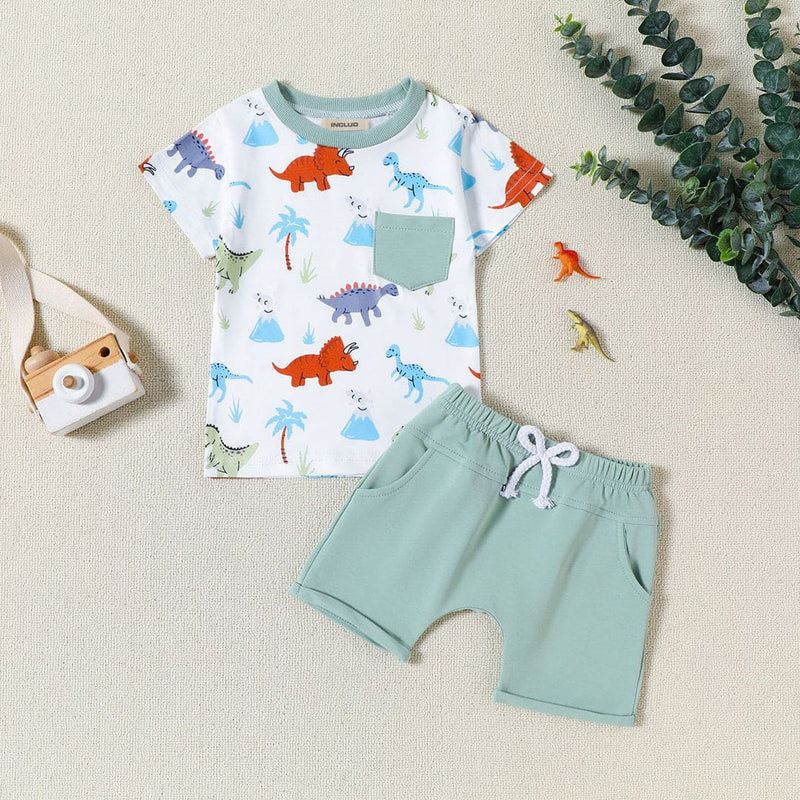 Boys Dinosaur Print Short Sleeves T-shirt With Shorts Set Sets White 1-2 Y 