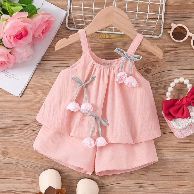 Girls Pink Flower Applique Sleeveless Top With Shorts Sets 2 pc. Sets Pink 1-2 Y