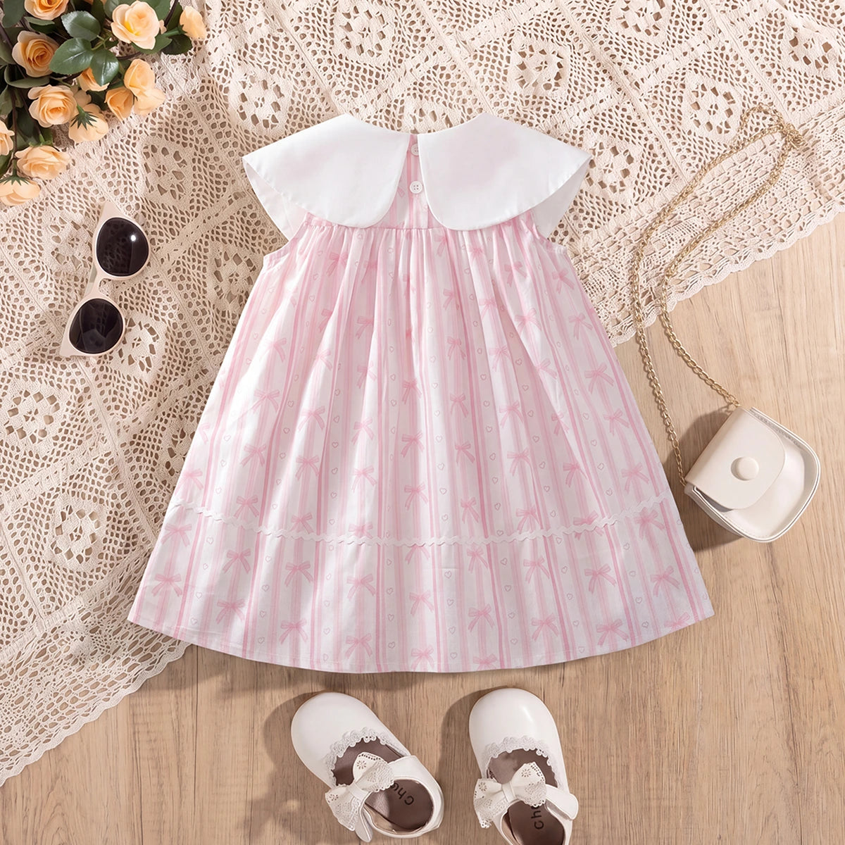 Girls Light Pink Bow Print Sleeveless A-Line Dress Casual Dresses