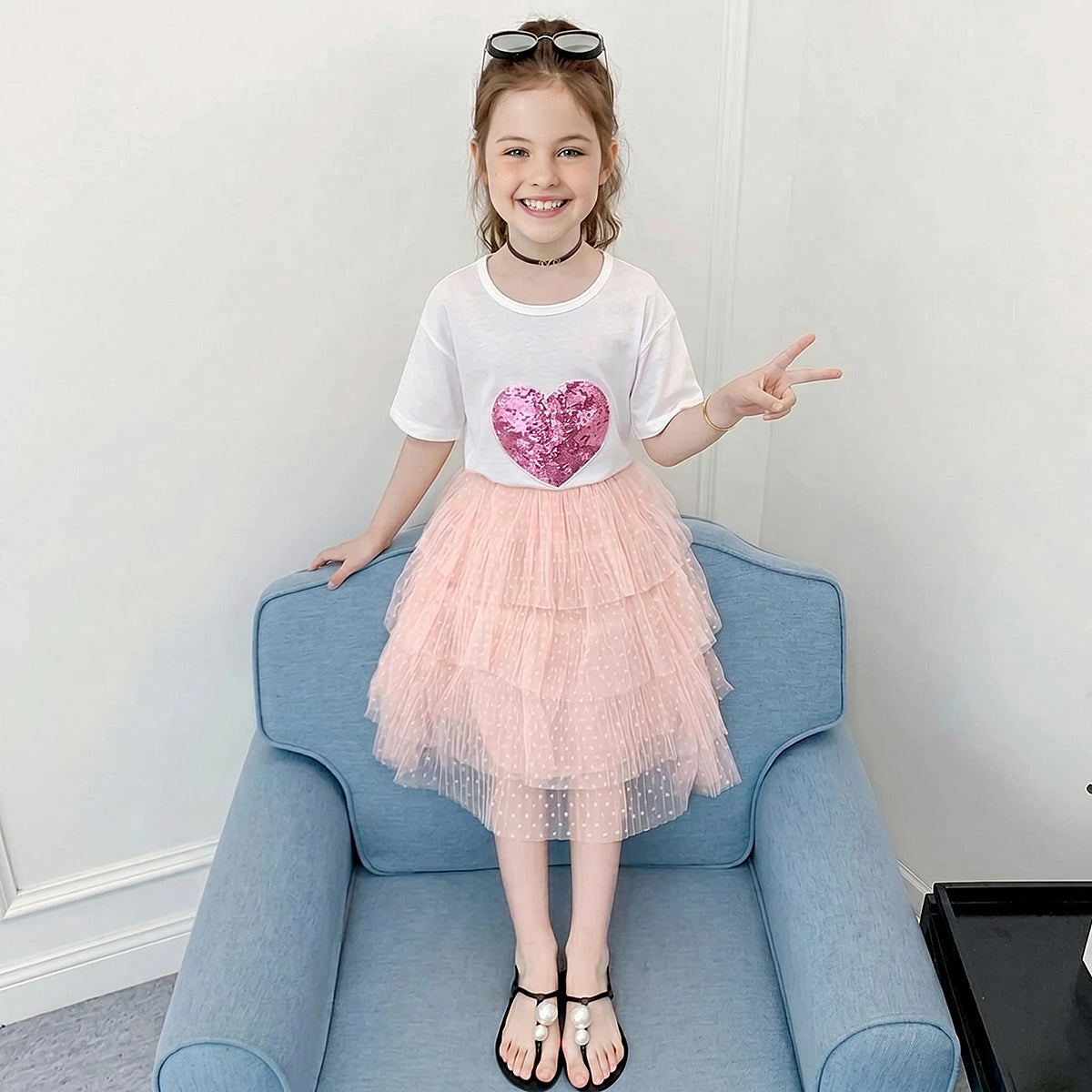 Girls White Sequin Heart Applique Short Sleeve T-Shirt With Skirt Sets 2 pc. Sets White 3-4 Y