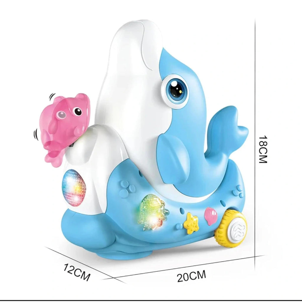 A blue dolphin-shaped musical toy that blows air to float a small soccer ball