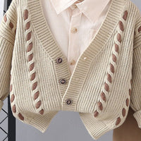 Boys Khaki Self-Design Cardigan With Shirt and Pants Set Sets
