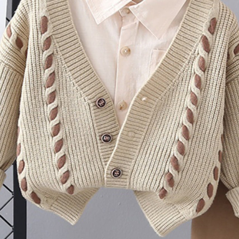 Boys Khaki Self-Design Cardigan With Shirt and Pants Set Sets