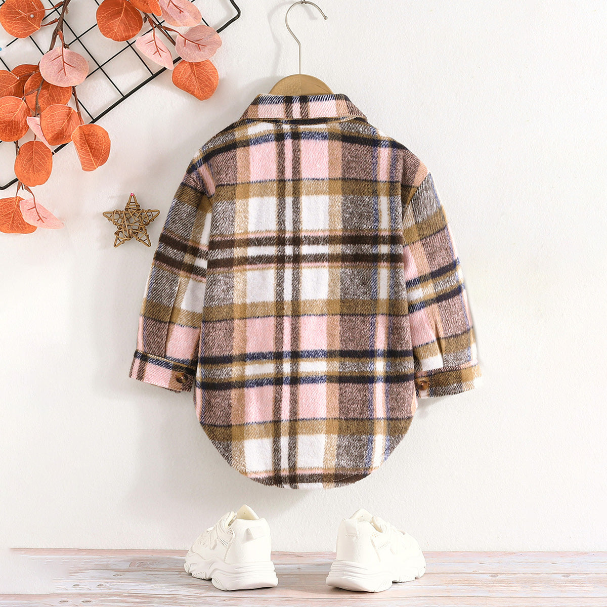 Girls Brown Flannel Checkered Full Sleeves Shacket Coats & Jackets
