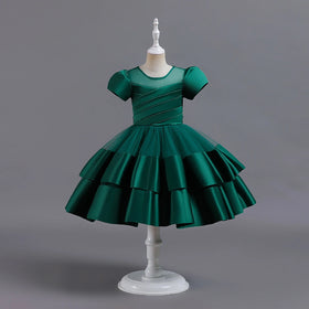 Girls Dark Green Puff Sleeve Ruffle Layered Party Wear Dress Party Dresses Dark Green 2-3 Y