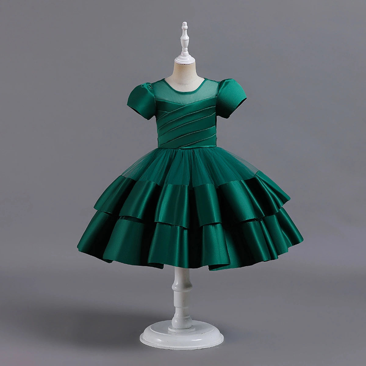 Girls Dark Green Puff Sleeve Ruffle Layered Party Wear Dress Party Dresses Dark Green 2-3 Y