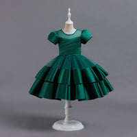 Girls Dark Green Puff Sleeve Ruffle Layered Party Wear Dress Party Dresses Dark Green 2-3 Y