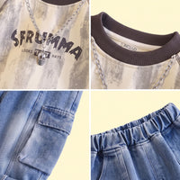 Boys Grey Typography Raglan Sleeve Sweatshirt With Denim Pants Sets 2 pc. Sets