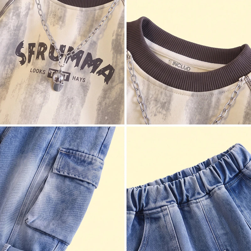 Boys Grey Typography Raglan Sleeve Sweatshirt With Denim Pants Sets 2 pc. Sets
