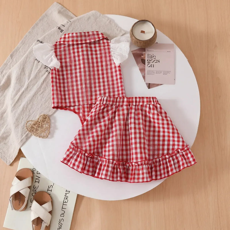 Girls Red Checked Eyelet Flutter Sleeve Top With Skirt Sets Sets