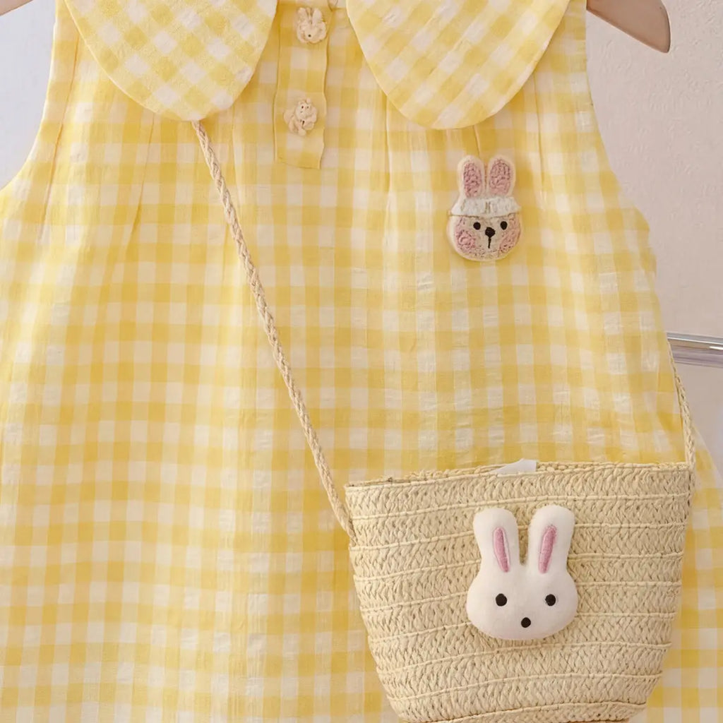 Girls Yellow Checked Rabbit Applique Sleeveless A-Line Dress Casual Dresses