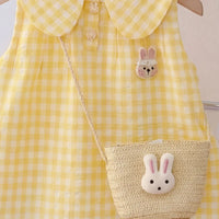 Girls Yellow Checked Rabbit Applique Sleeveless A-Line Dress Casual Dresses
