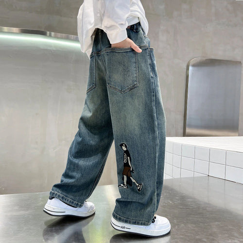 Boys Blue Graphic Baggy Fit Denim Jeans Pants