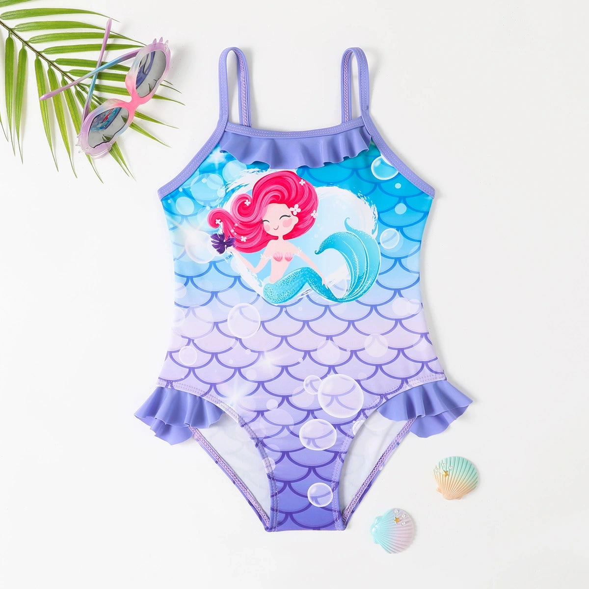 Girls Blue Mermaid Print Swimwear Bodysuit Beachwear Blue 3-4 Y